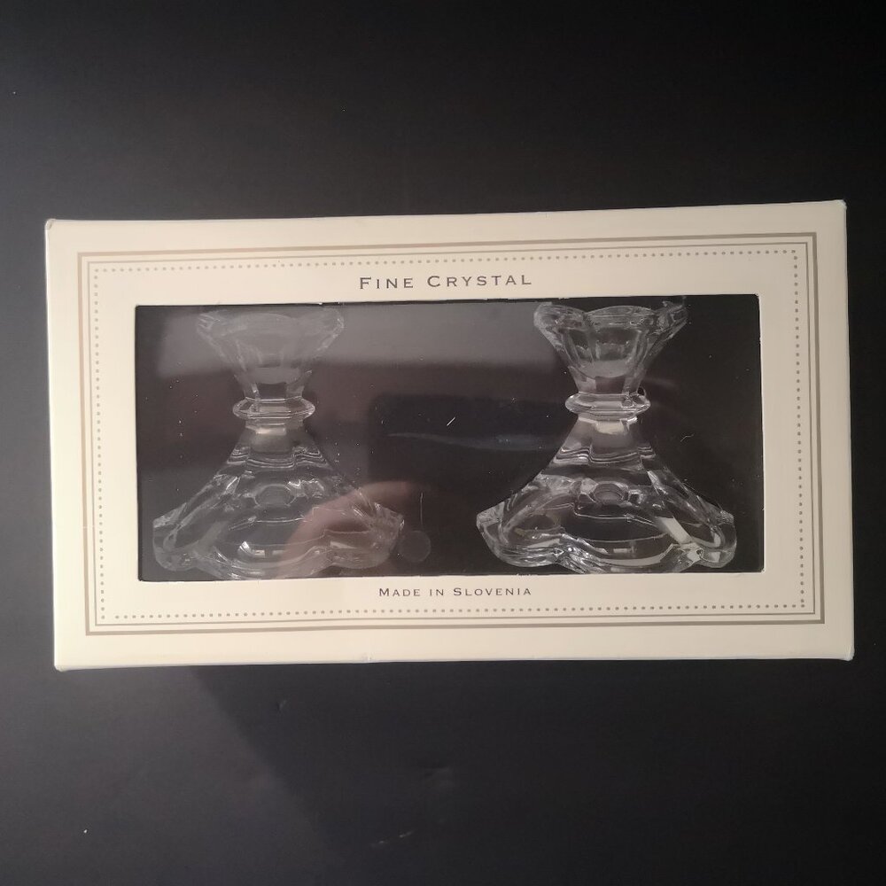NIB Bella Lux 24% Fine Lead Crystal Set of 2 Candle Holders Made in Slovenia